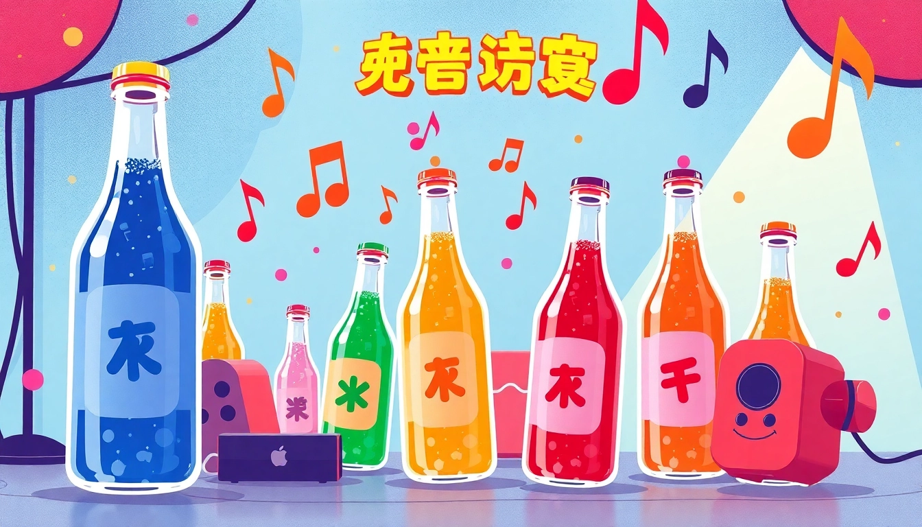 Explore the energetic ambiance of 汽水音乐官网 with colorful soda bottles and lively music elements.