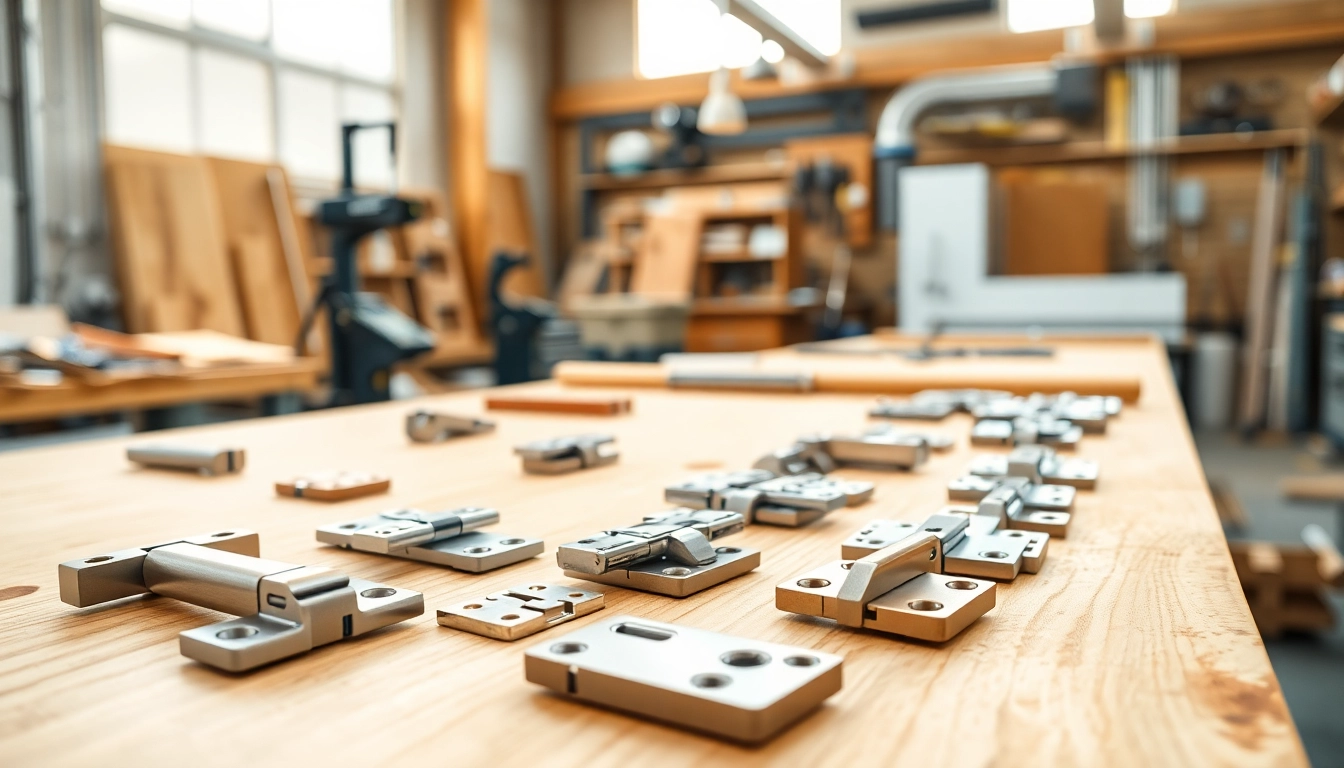 Explore innovative designs by Cabinet Hinge Manufacturers showcasing quality hinges on a workshop table.