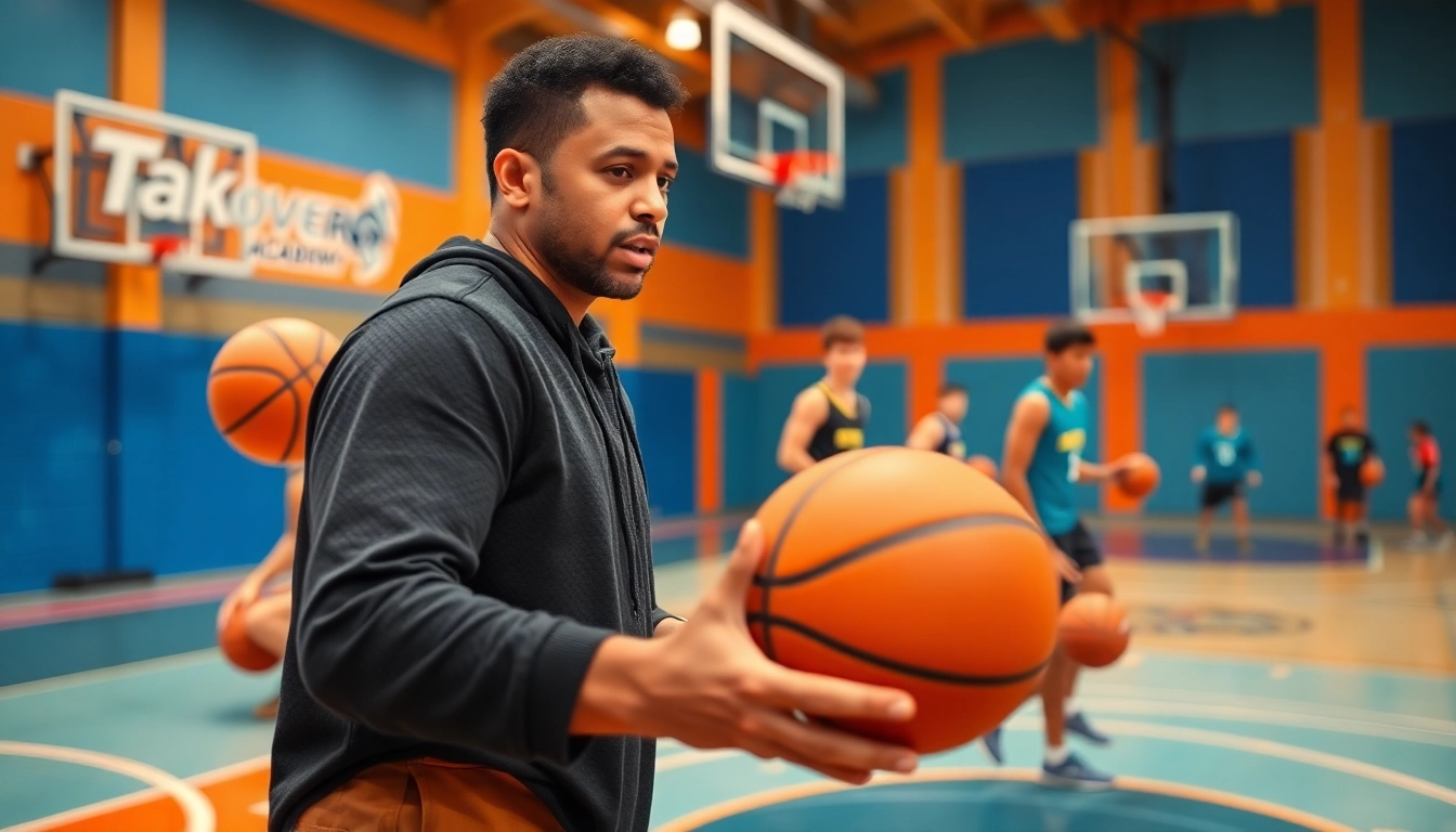 Young athletes training at Takeover Basketball Academy under a coach's guidance, showcasing energy and teamwork.