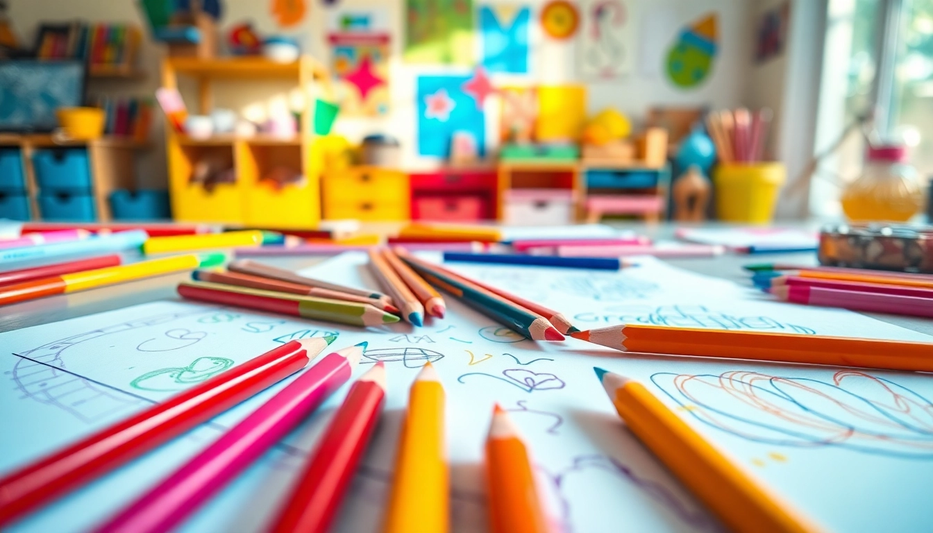 Children engaging with vibrant kids colouring pencils creating colorful artwork together.