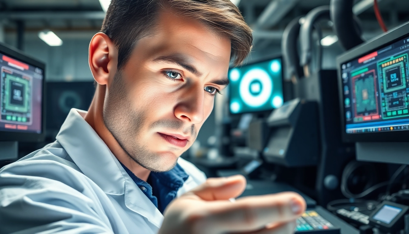 Engineer analyzing microchips in a high-tech lab, showcasing precision and innovation.