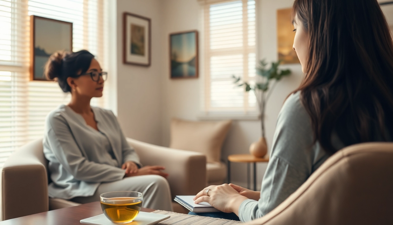 Engaging scene of a therapist delivering eating disorder treatment in a calming counseling space.