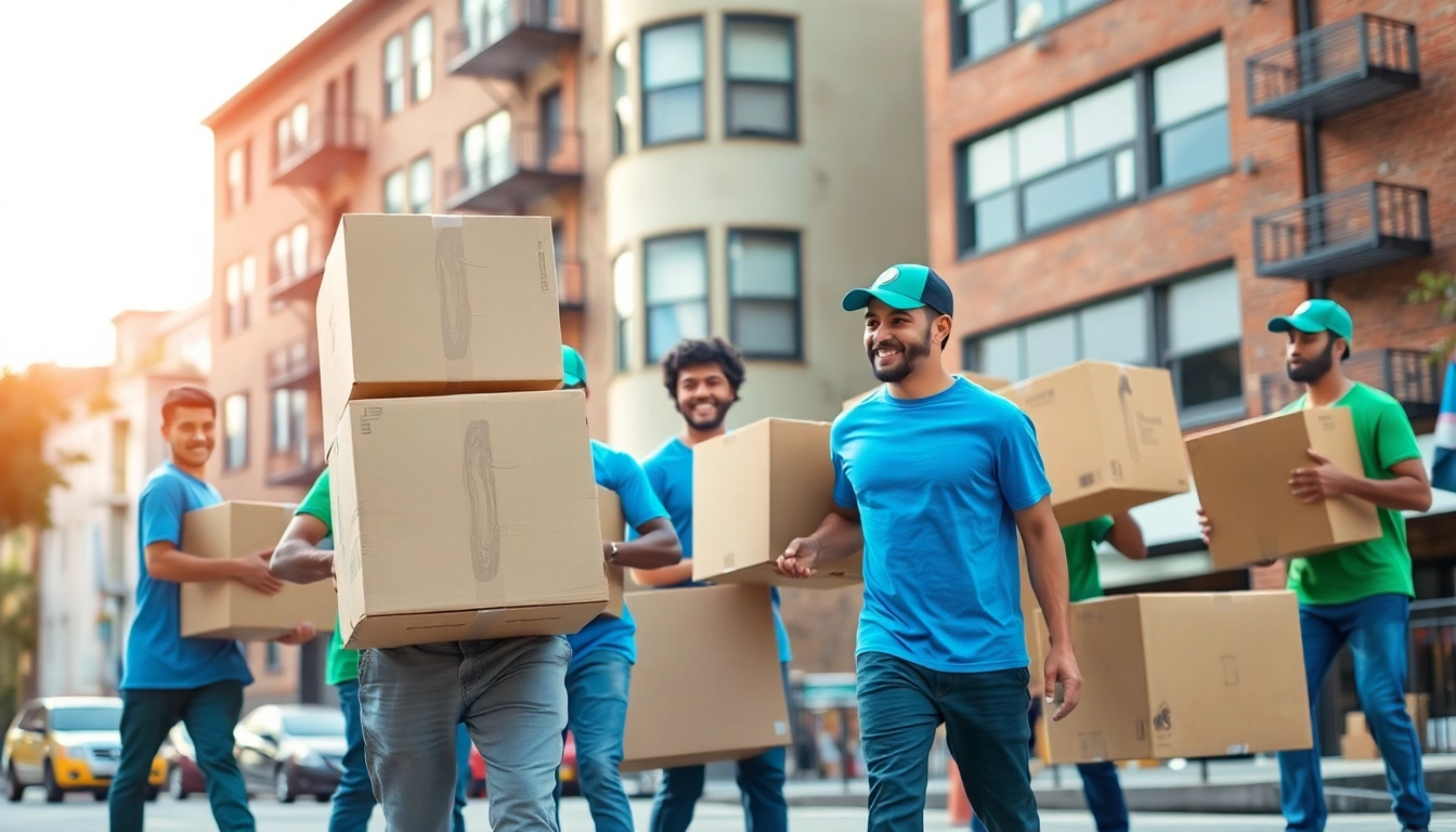 Queens movers efficiently transporting boxes in a trendy neighborhood, showcasing professionalism and teamwork.