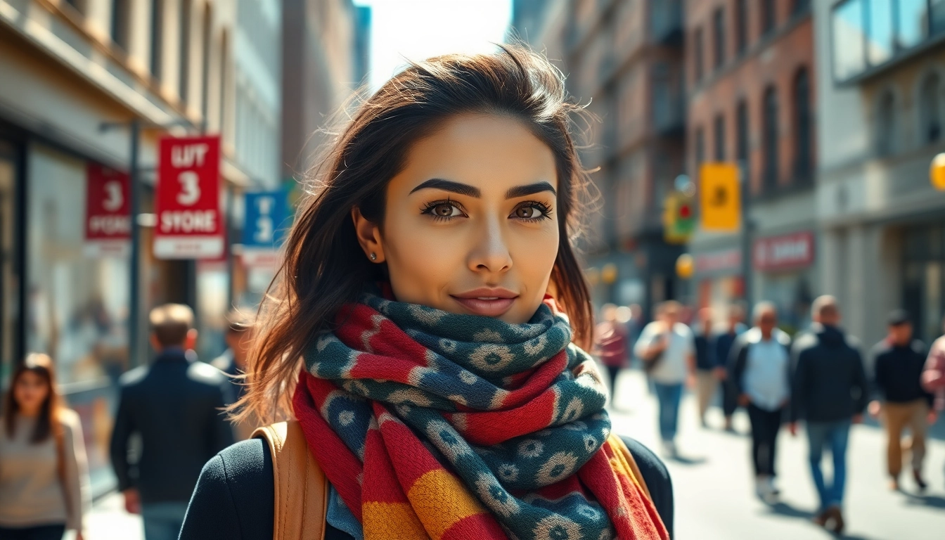 Explore scarves near me with a stylish model showcasing vibrant urban fashion.