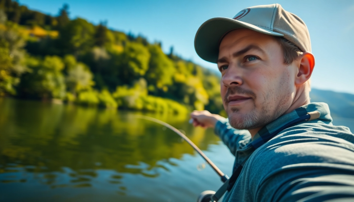 Engage in fly fishing lessons near me with a skilled fisherman casting by a serene lake.