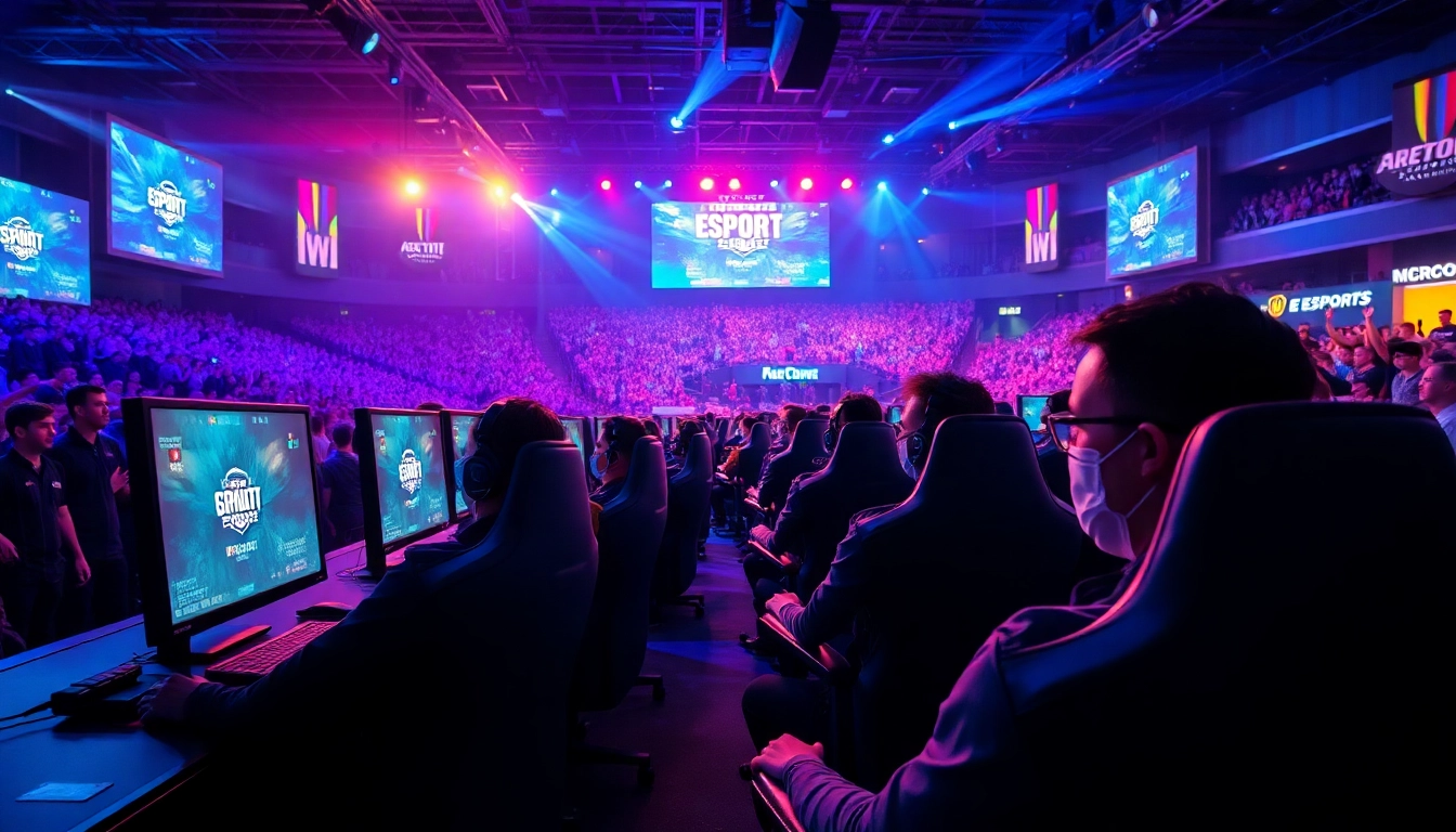 메이저사이트에서 진행되는 esports 대회 모습, 관중과 선수들 집중하여 응원하는 모습.