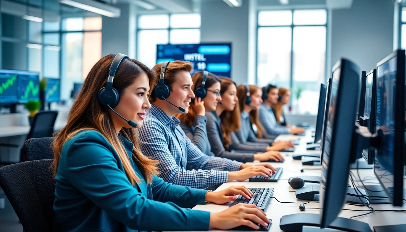 Engaging call center solutions team actively communicating with clients in a modern office.