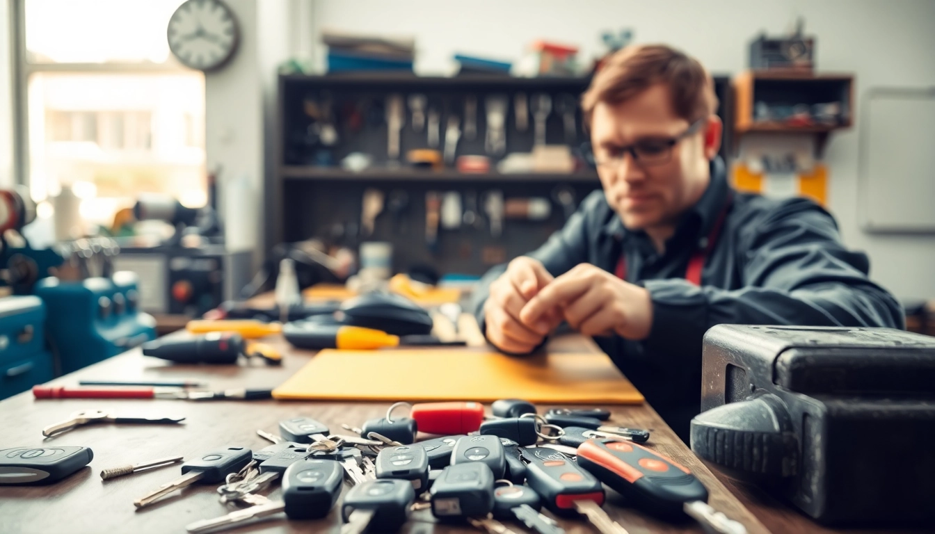 Locksmith working with Replacement Car Keys, showcasing various types and key-cutting tools.