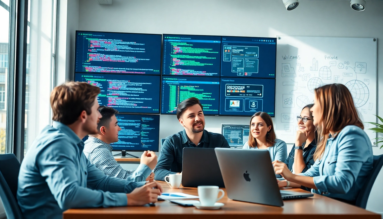Engaged web development team collaborating in a bright modern office, showcasing teamwork.