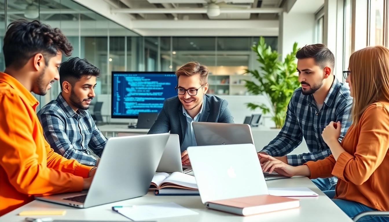 Microsoft Visual Studio im Einsatz von Entwicklern in modernem Büro mit Laptops.