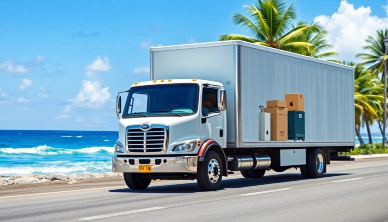 Relocate Moving from Alaska to Hawaii with a scenic moving truck against ocean waves and palm trees.