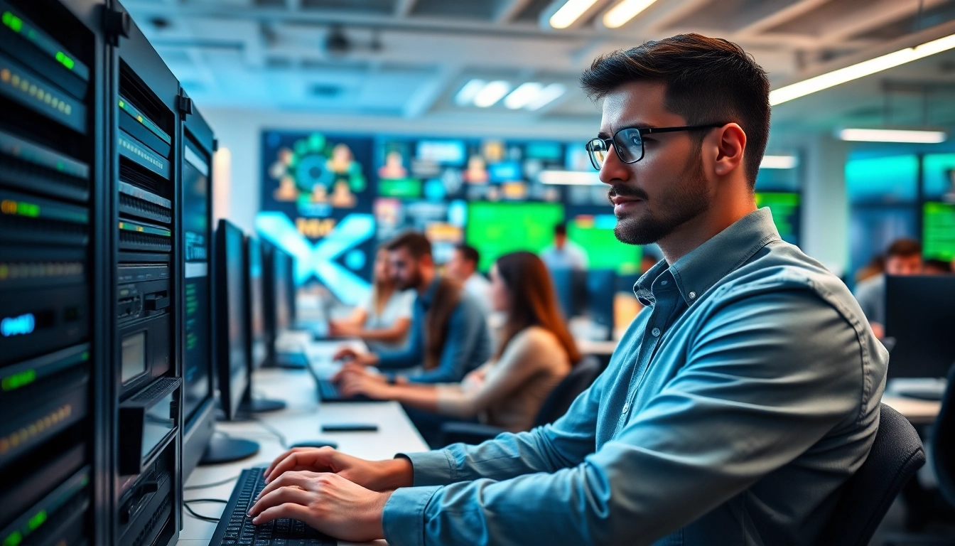 Showcase of a managed IT provider team efficiently collaborating in a modern office.
