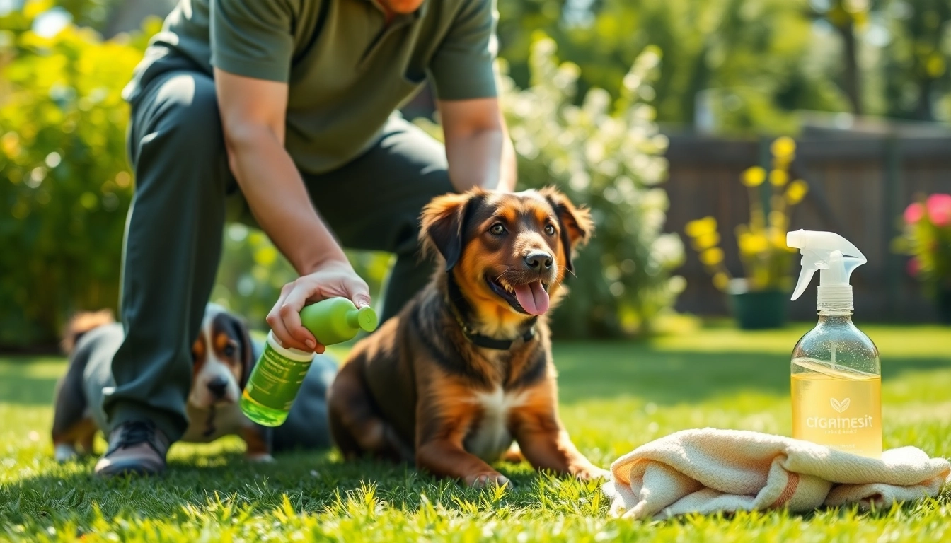 Dog urine smell elimination method demonstrated professionally in a sunny backyard.
