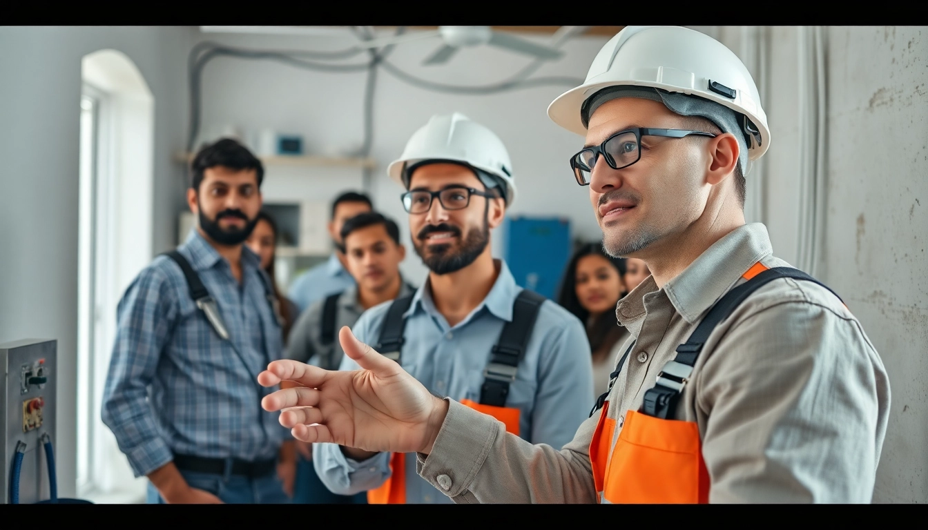 Electrical Contractor overseeing a modern residential installation with a diverse team of workers.