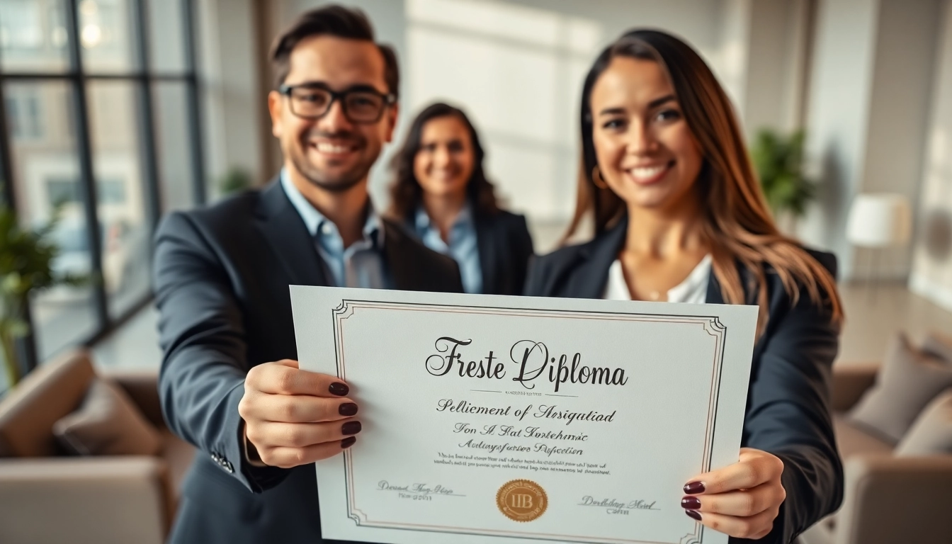Buy a fake diploma displayed by professional individuals in a modern office setting.