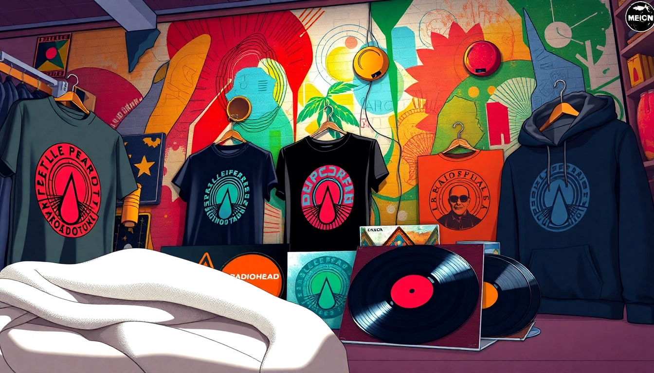 Showcase of Radiohead merch items including t-shirts and vinyl records in an artistic display.