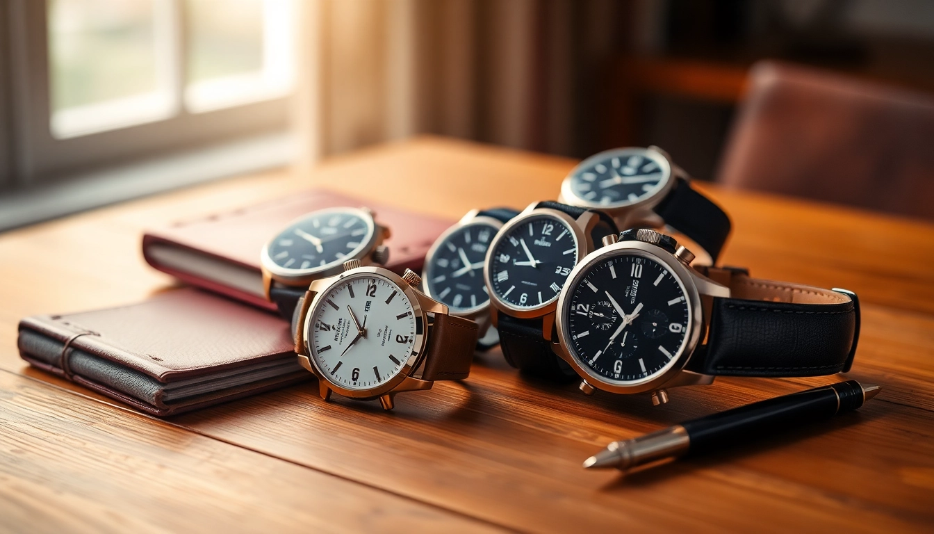 Elegante Herren Armbanduhren in verschiedenen Stilen auf einem Holztablett präsentieren.