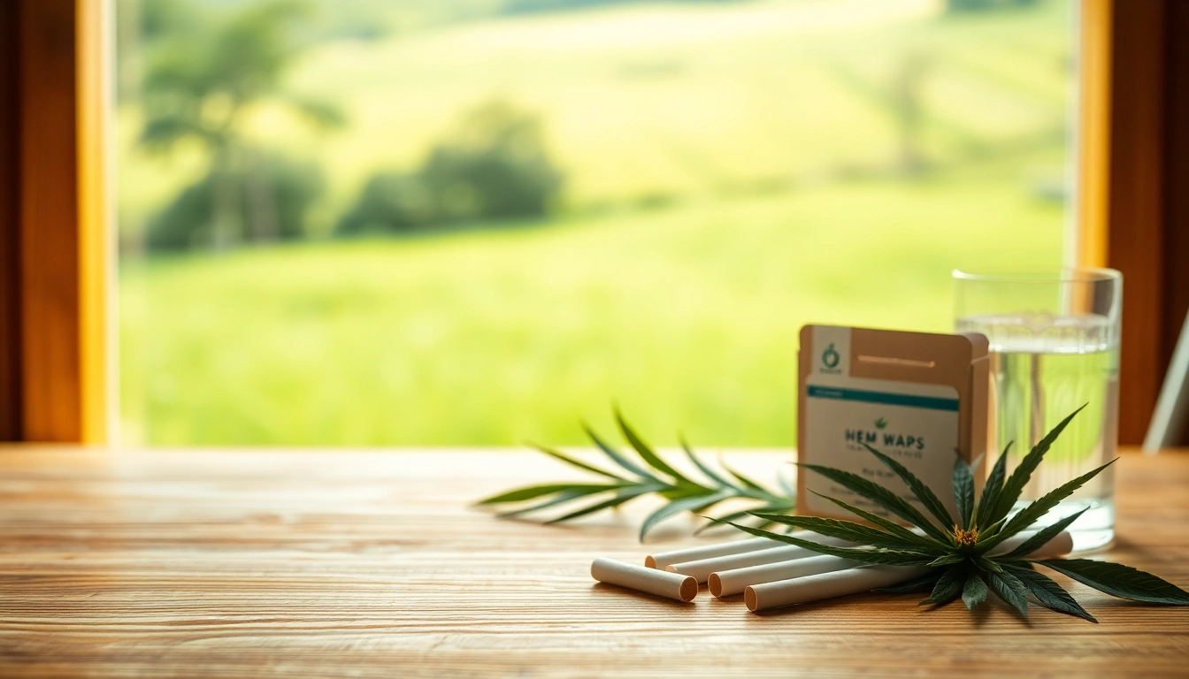 Enjoying hemp cigarettes displayed on a wooden table with calming greenery in the background.