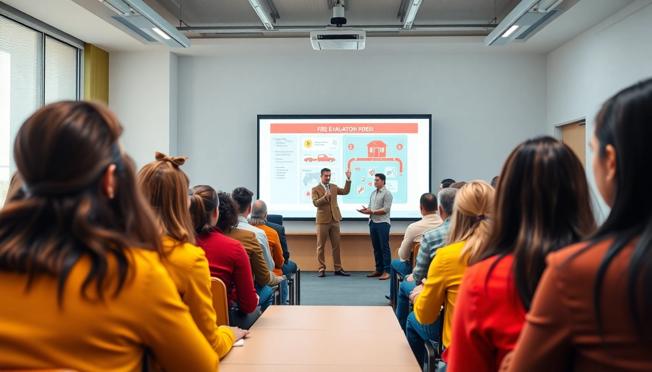 Engage in Fire safety training with participants practicing evacuation drills in a modern classroom.