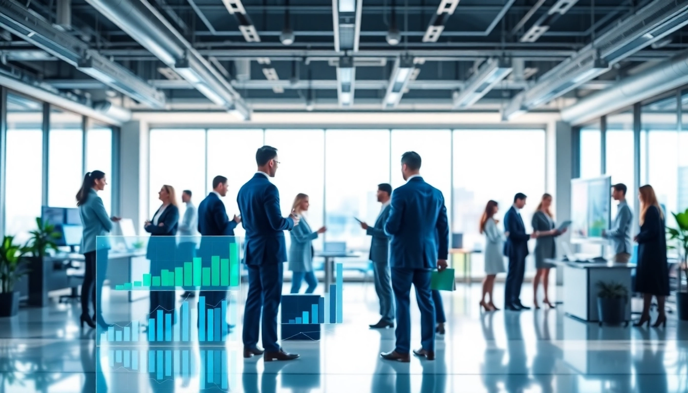 Illustration of business trends in 2025 showcasing professionals analyzing data in a modern office.