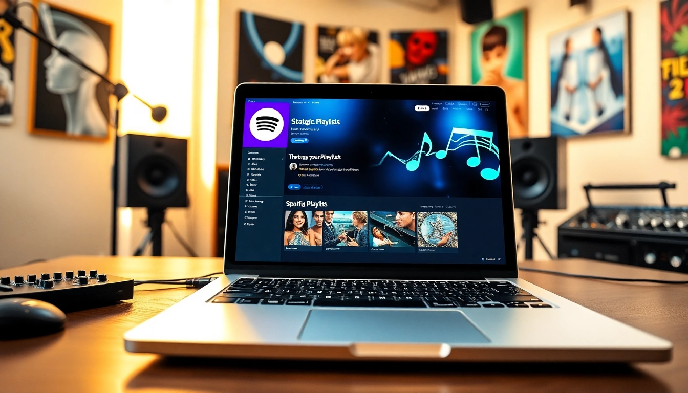 Showcase effective spotify promotion with a dynamic workspace highlighting strategic playlists and a creative atmosphere.