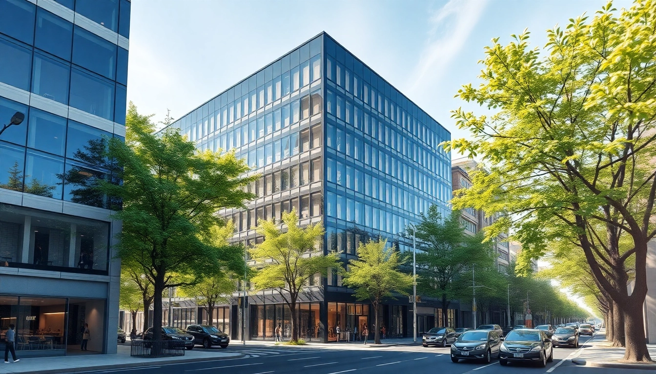 Architekturvisualisierung eines modernen Gebäudes in einer städtischen Umgebung mit lebhaften Details.