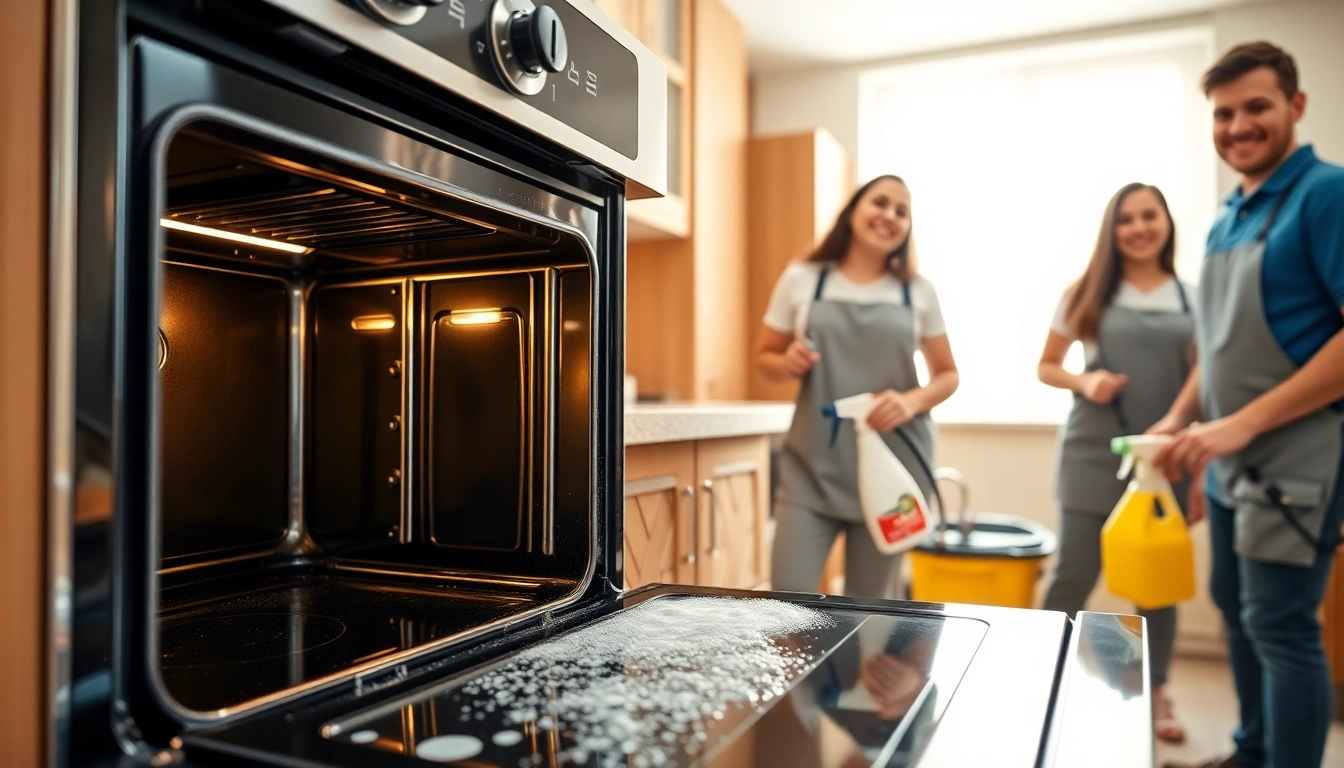 Oven cleaning dubai service professionals making an oven shine like new in a bright kitchen.