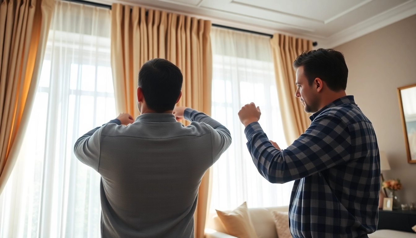 Curtain fitters installing elegant curtains in a stylish living room.