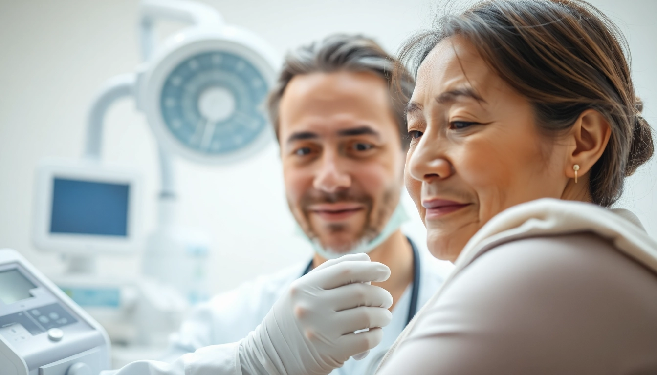 Untersuchung eines Rheuma-Patienten durch einen Arzt in einer hellen Klinik.