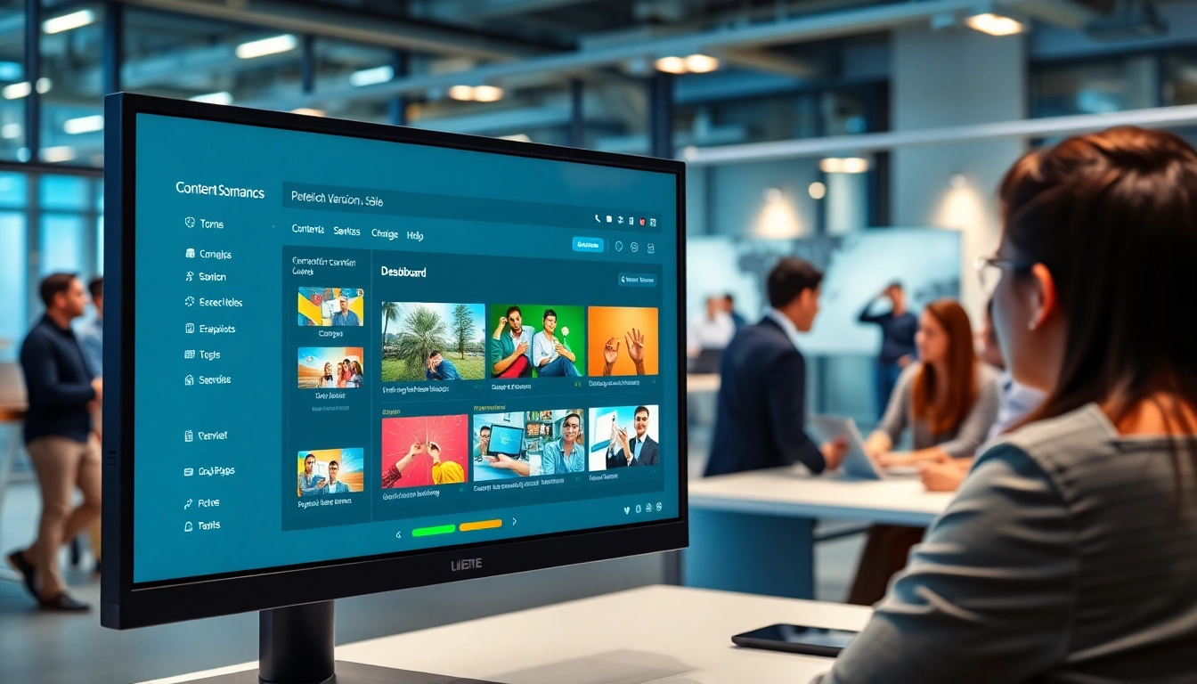 Enhance visibility with Digital signage CMS through an engaging interface displayed in a modern office.