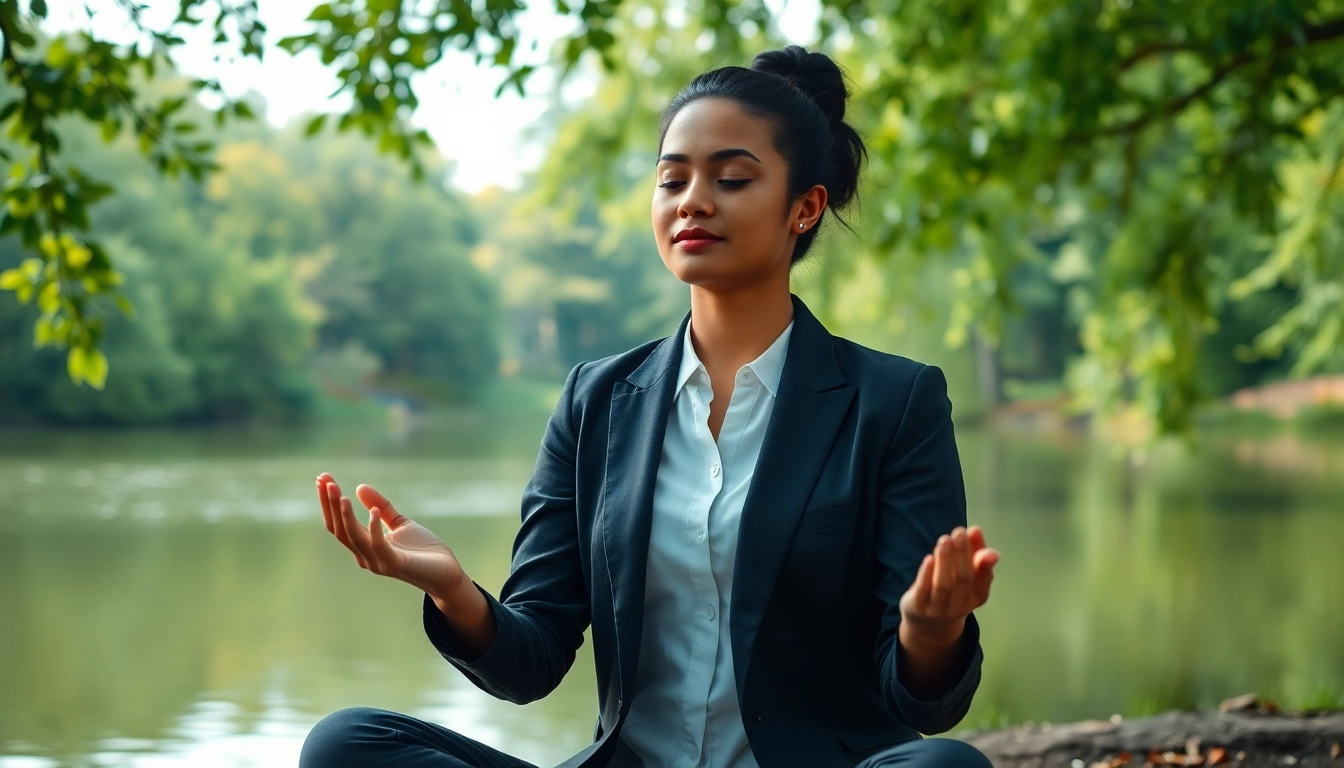 Practicing mindfulness techniques for dealing with stress in a serene natural environment.