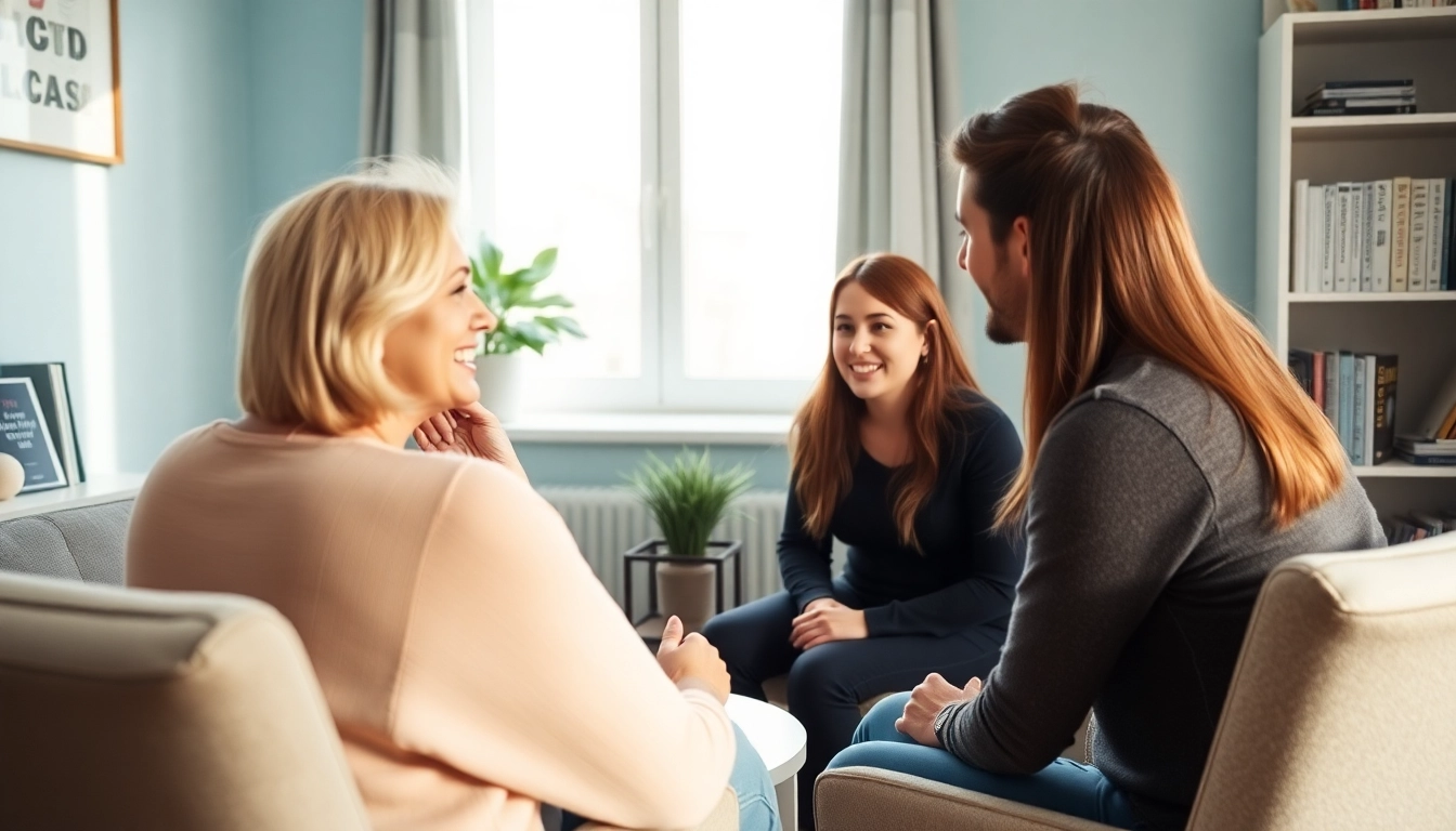 Relationship coach guiding a couple in a supportive and engaging consultation session.