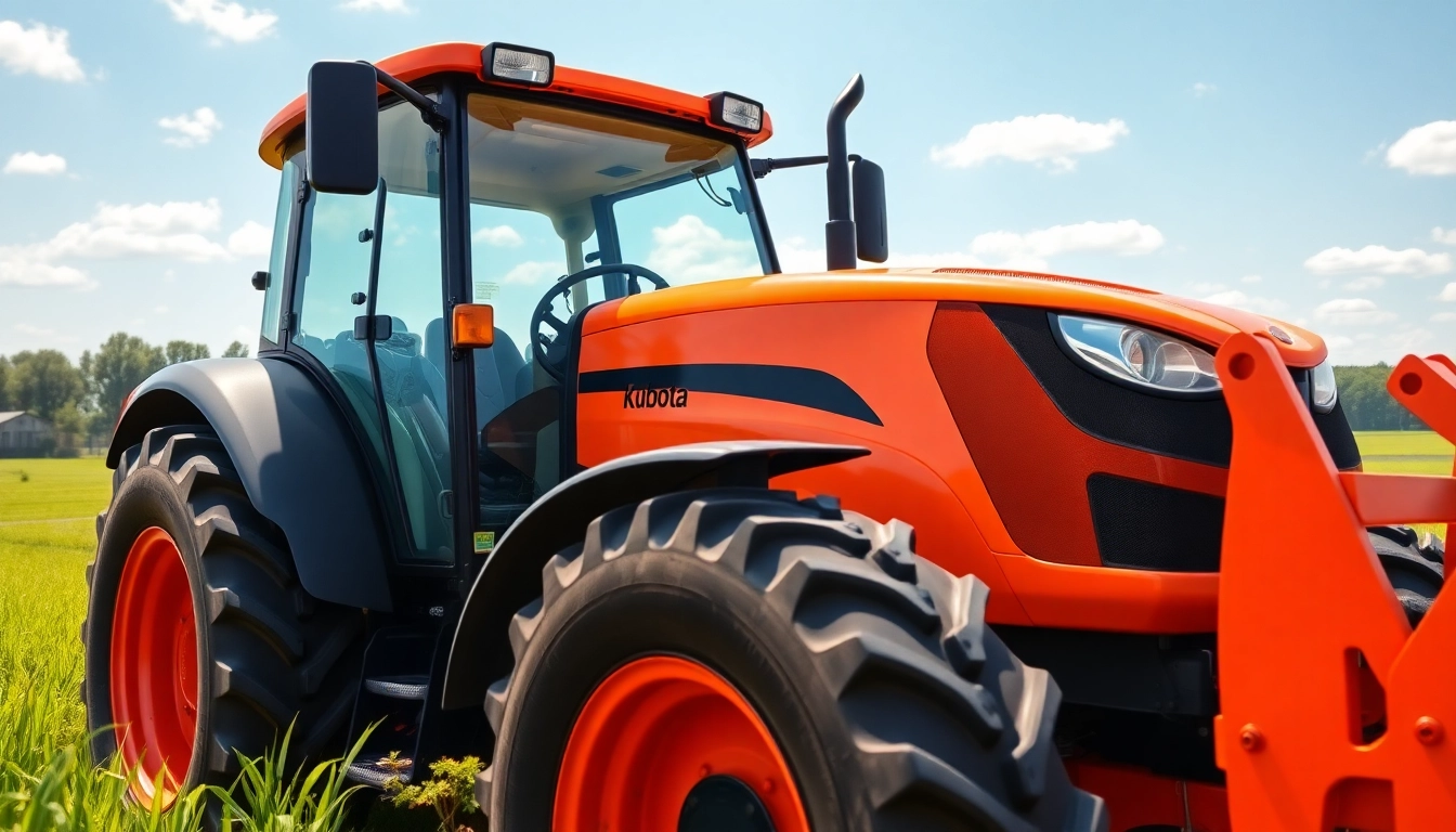 Kuboata Traktor in lebendiger Landwirtschaftslandschaft präsentiert seine beeindruckenden Merkmale.