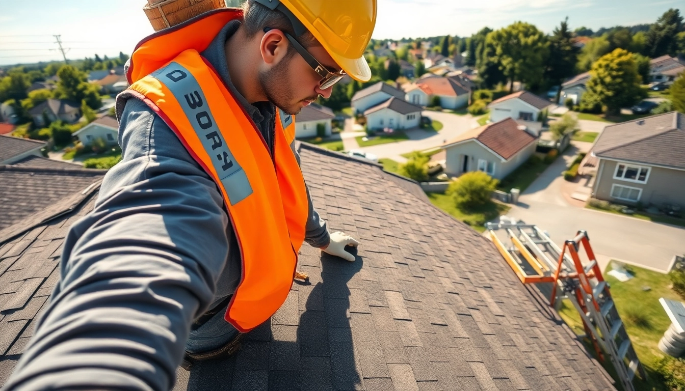 Roofer dakdekker loenen examining shingles on residential roof under sunny skies.