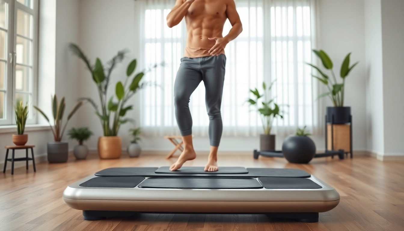 Engaging in whole body vibration therapy on a modern platform in a serene wellness studio.