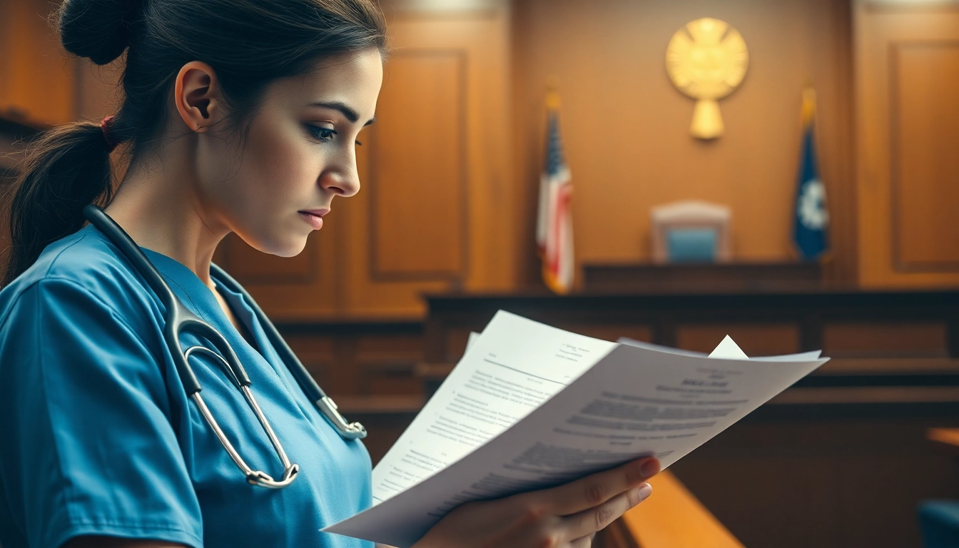 Addressing Problems with VDAP for Alabama Nurses in a courtroom setting, serious nurse reviewing documents.