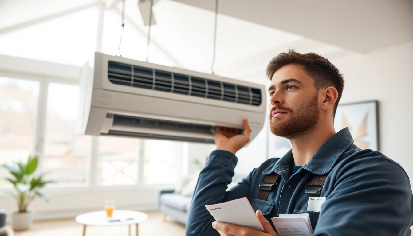 Technician performing AC installation Franklin TN in a modern home with bright natural lighting.