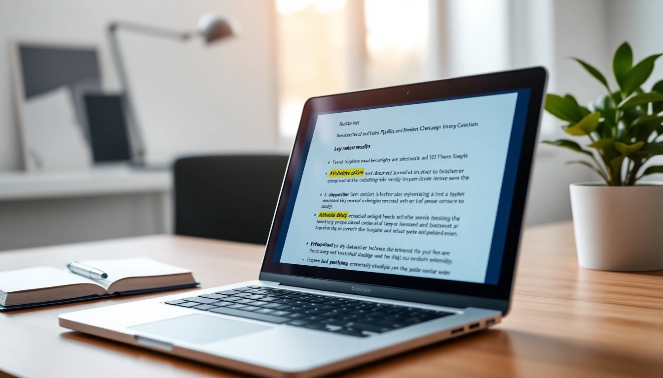 Use a plagiarism checker to identify copied content in text displayed on a laptop screen.