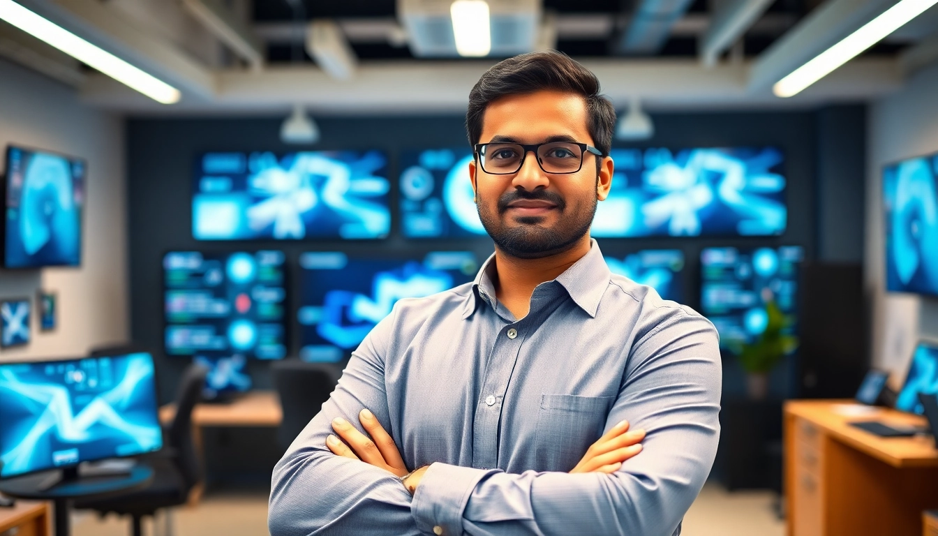 Aravind Srinivas confidently poses in a modern tech office, showcasing innovative solutions in the background.