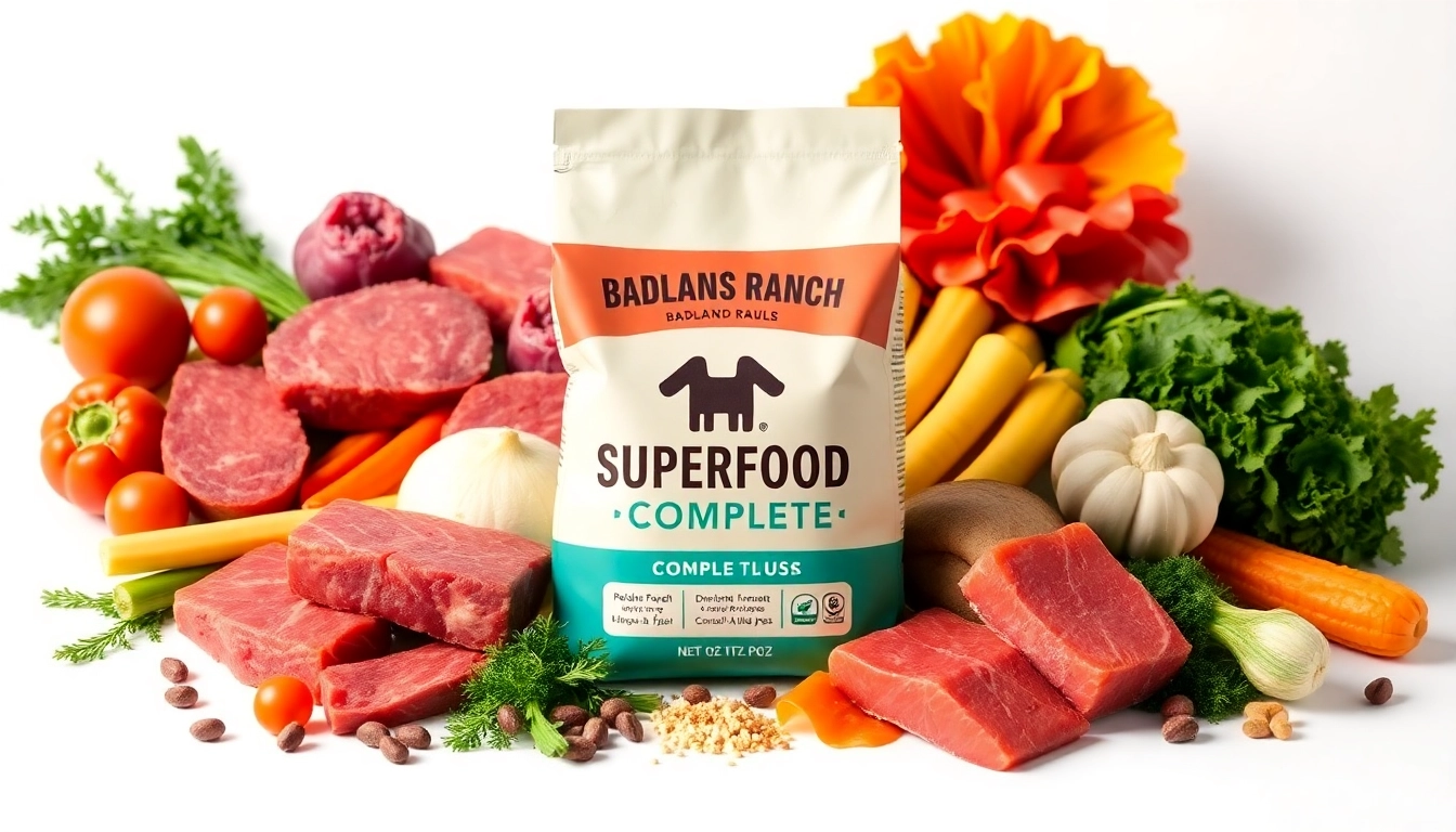 Highlighting badlands ranch superfood complete with natural ingredients for healthy dogs.