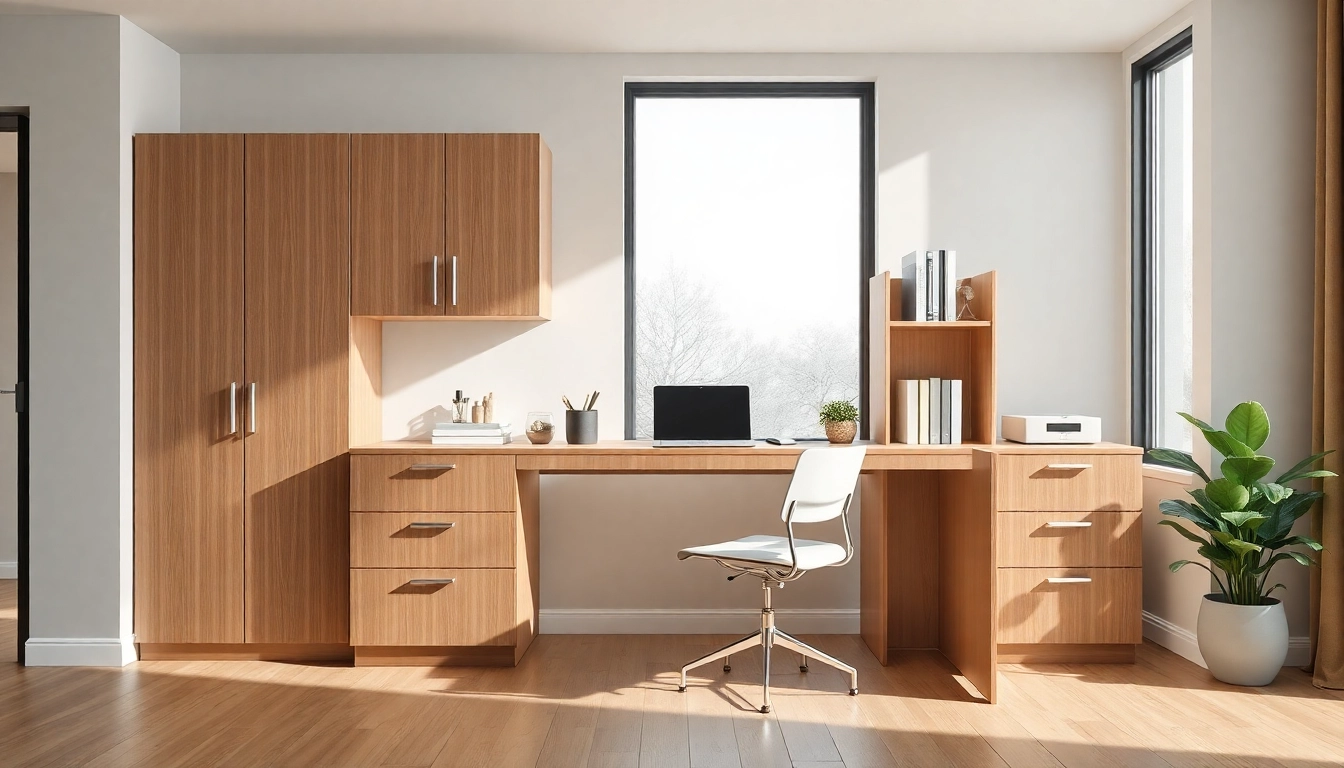 Schreibtisch Schrank mit modernem Design in einem einladenden Arbeitsbereich.