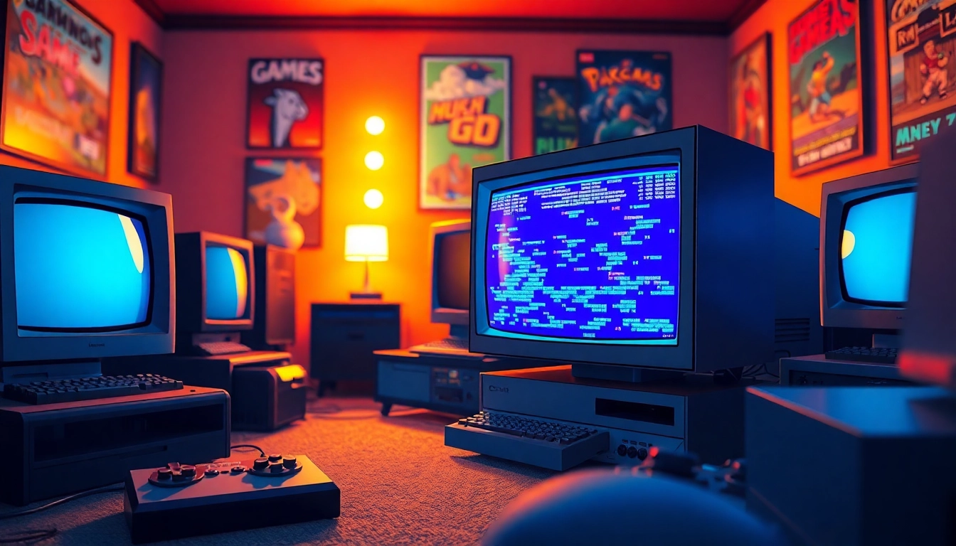 Engaging scene showcasing players enjoying dos games online in a nostalgic gaming room setup.