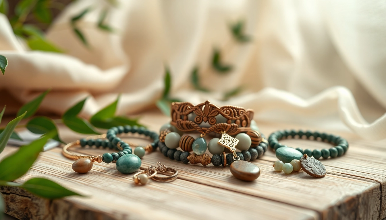 Showcasing yoga jewelry with natural gemstones and intricate designs on a wooden surface.