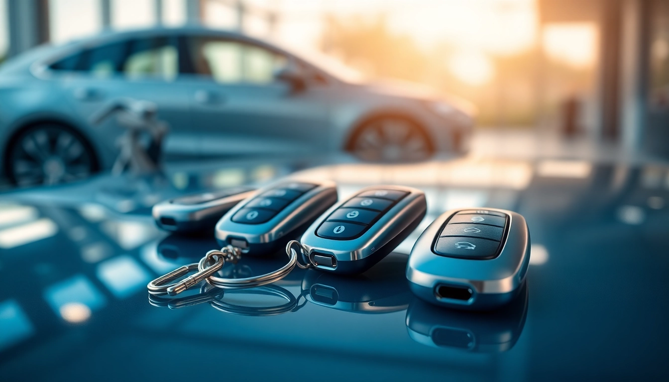Visual representation of keys for electric cars showcasing modern key designs and smartphone applications.