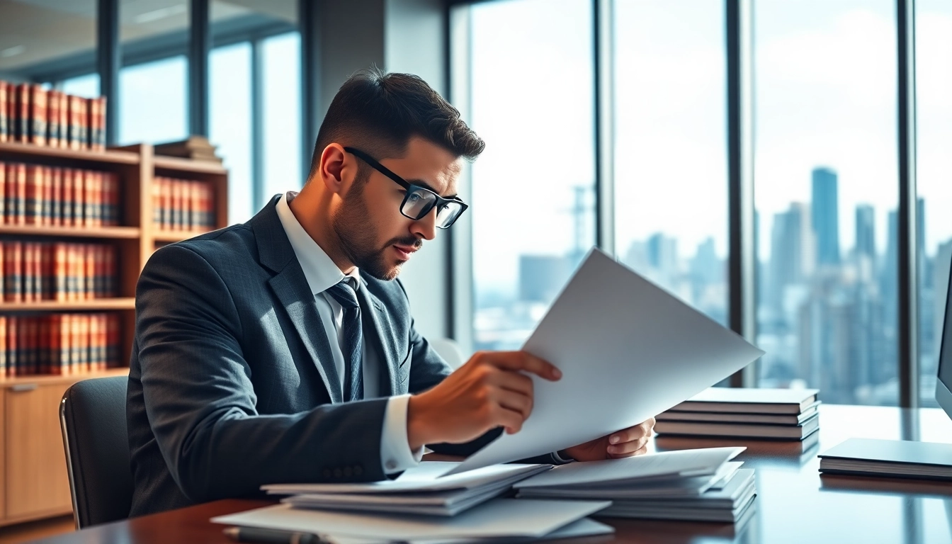 Intellectual property lawyer diligently examining documents in a modern office setting.