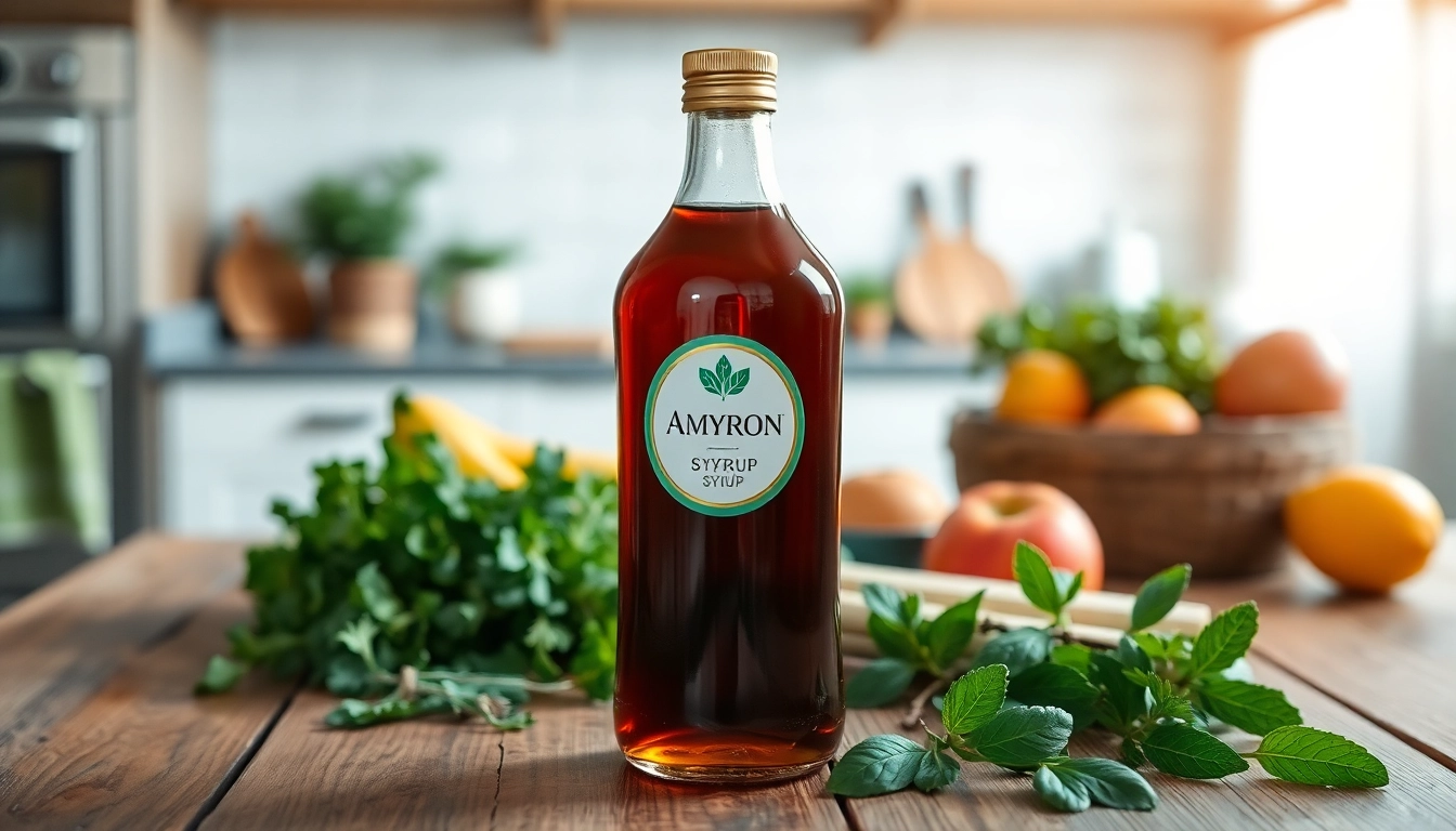 Amyron syrup uses in Hindi showcased with fresh, healthy ingredients to highlight health benefits.