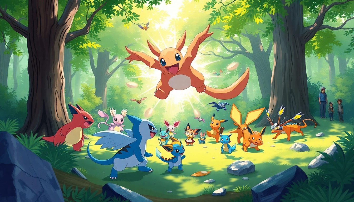 Pokémon engage in a dynamic battle scene in a vibrant forest setting, showcasing their unique abilities.