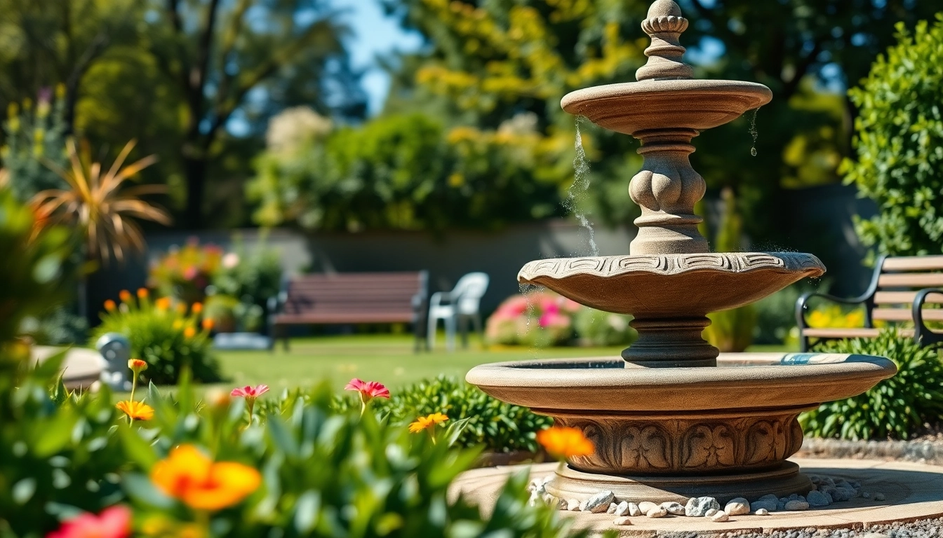 Ein gartenbrunnen mit eleganten Details in einem idyllischen Gartenumfeld