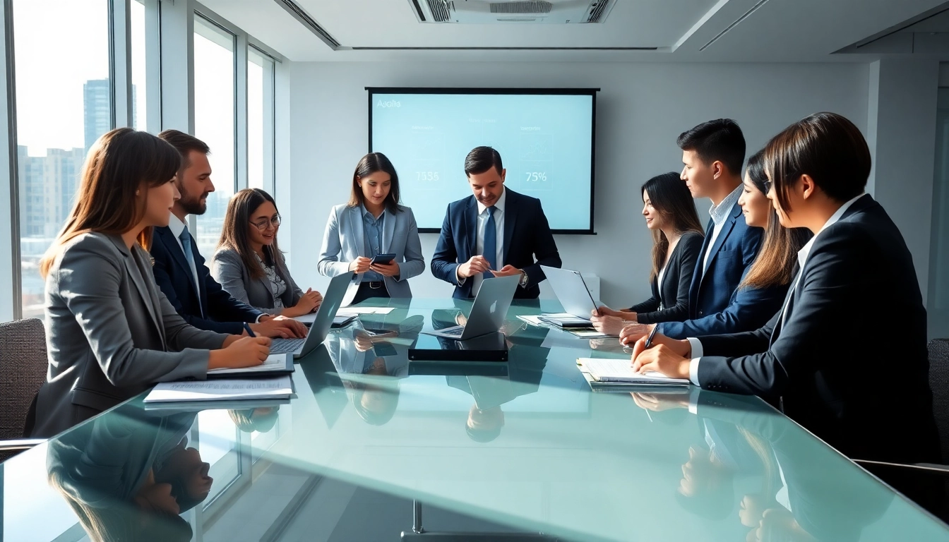 B2B buyer engaged in negotiations with professionals in a bright, modern conference room.