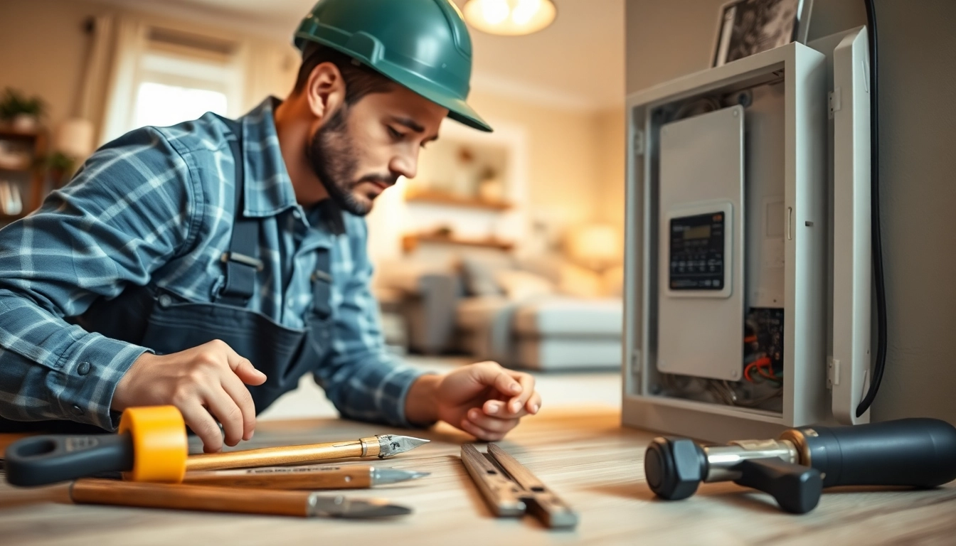 Electrician performing an Electrical Panel Upgrade in a bright residential setting, showcasing modern tools and equipment.